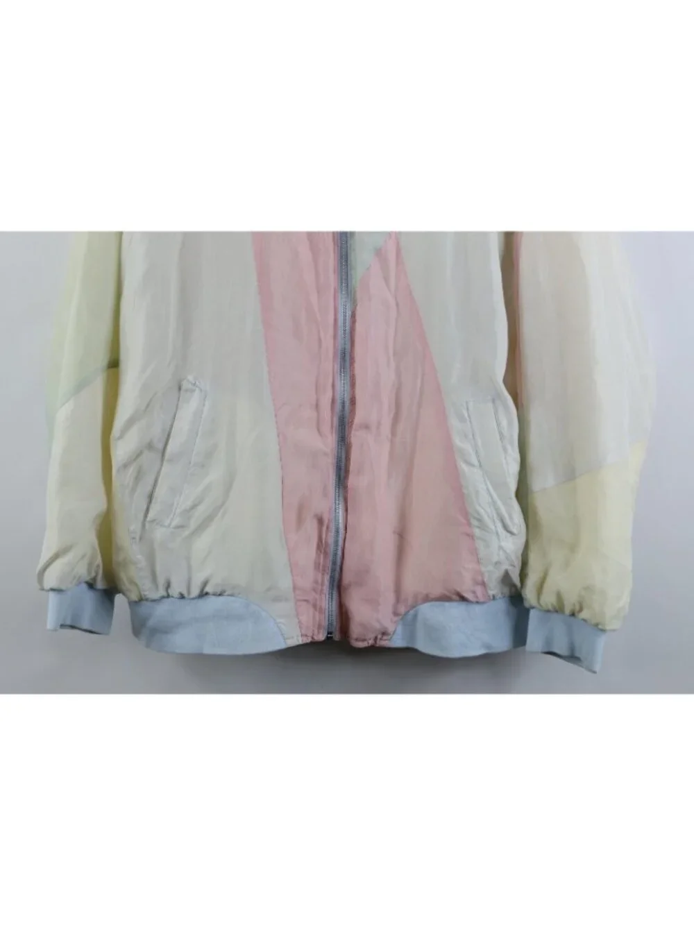 Vintage 90s Streetwear Womens Medium Distressed Pastel Silk Zip Bomber Jacket
